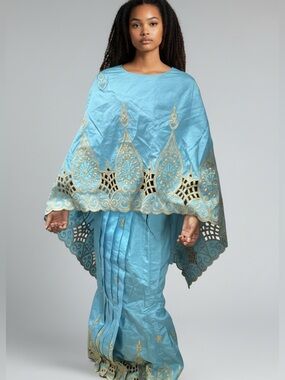 Turquoise Embroidered Two-Piece African Set with Gold Accents